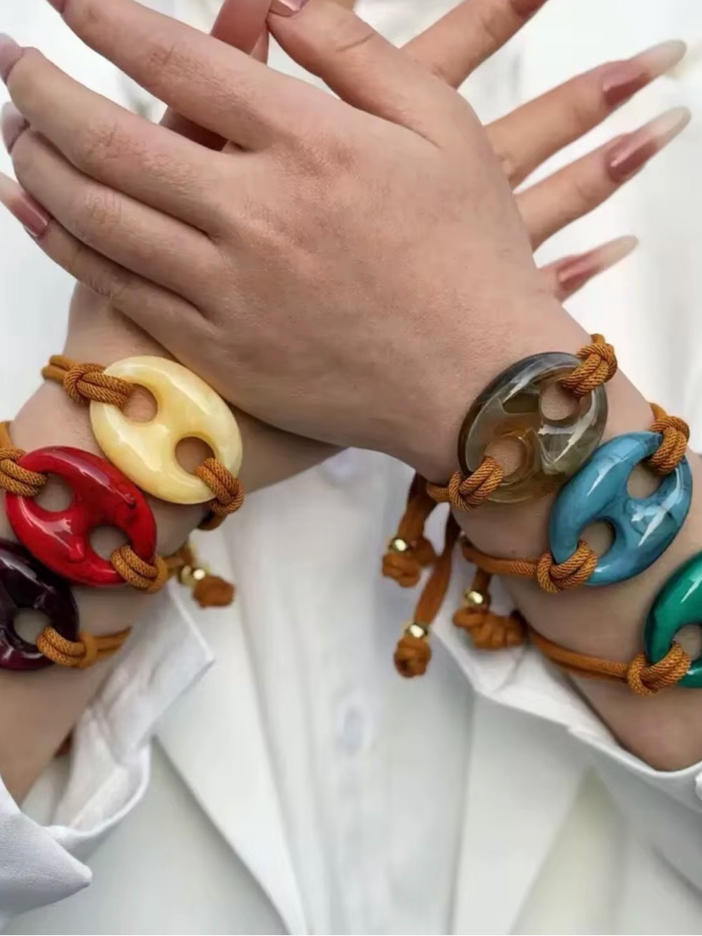 Source Unknown Tan Cord Bracelet with Cream, Amber and Red Beads